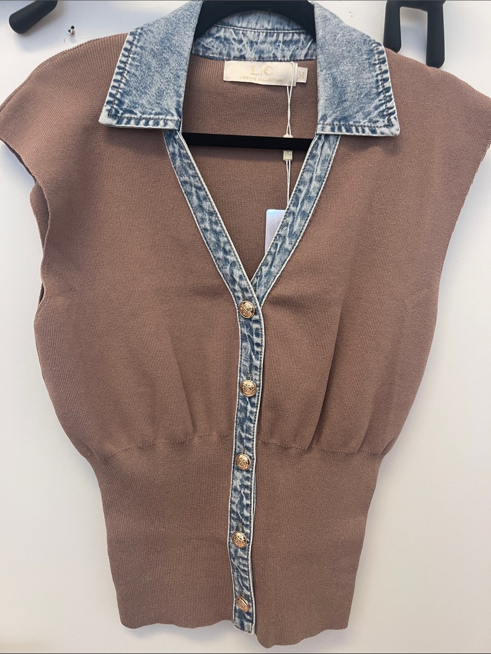 Brown Knit Sleeveless Top with Washed Denim Trim